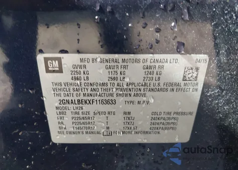 2015 Chevrolet Equinox 1Lt from USA, damaged, VIN 2GNALBEKXF1163633